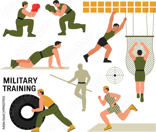 Illustrated military training exercises showcasing strength agility endurance combat drills and discipline skills