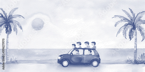 Family car trip along the ocean with palm trees during daytime