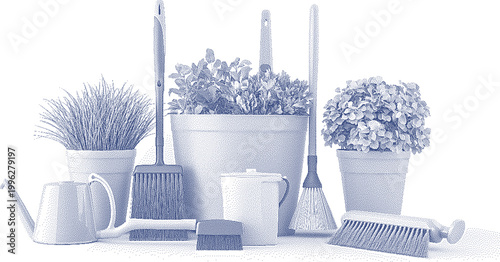 Gardening tools and potted plants arranged for a clean aesthetic