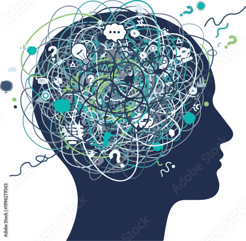 A creative illustration of a person's head with a chaotic mind