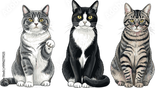 Set of Domestic Cats with Different Fur Patterns Sitting and Standing Cute Realistic Pet Animals Vector Illustration Isolated on White Background
