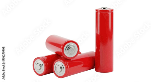 Vector illustration of four red cylindrical batteries on a transparent background