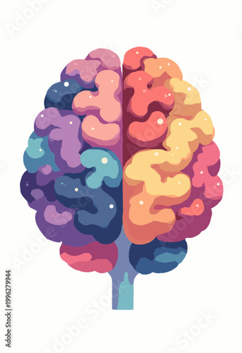 flat graphic human brain shape made entirely soft, moldable, colorful geometric clay blocks Neuroplasticity concept White background Space typography No text