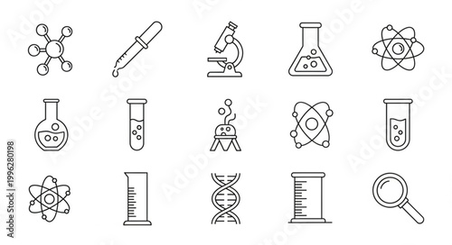Collection of hand-drawn science icons and symbols.