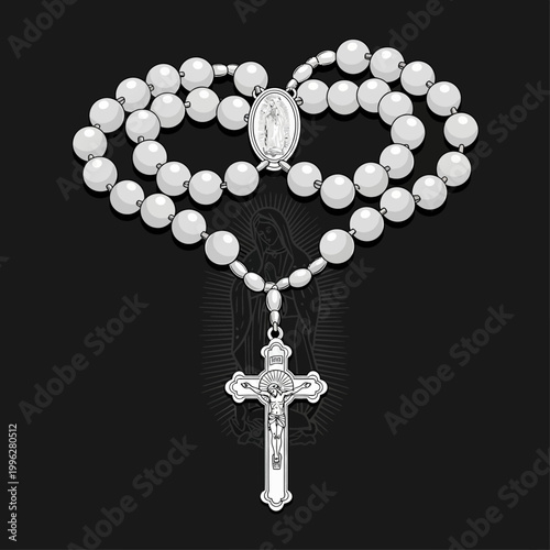 White rosary beads with crucifix and Virgin Mary pendant on black background