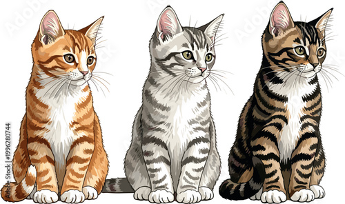 Set of Cute Domestic Cats in Sitting Pose with Different Fur Patterns Realistic Pet Animal Vector Illustration Isolated on White Background