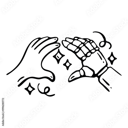 Human and robot hands touch icon for AI partnership and future interaction. Hand drawn doodle illustration of organic and mechanical limbs with stars.