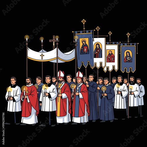 Catholic clergy procession with bishops and priests carrying banners