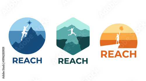 A dynamic logo representing the spirit of adventure and reaching for goals, illustrated through vibrant mountain and climber motifs, designed for an ambitious brand.