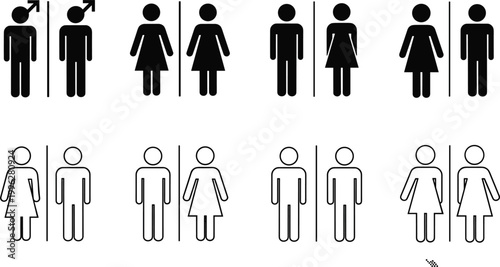 Restroom icons collection with male and female symbols, toilet signage set in solid and outline style isolated on light background vector illustration