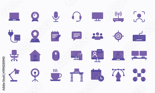 Modern Flat Solid Purple Remote Work and Online Meeting Digital Nomad Tool Icon Set Collection