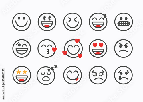 Outline Simple Basic Happy Sad Emoticon Face Expression Collection Icon Set