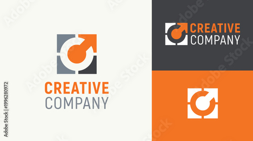 This modern logo design features a dynamic circular arrow surrounding a square, representing creativity, innovation, and forward-thinking in a stylish and professional manner.
