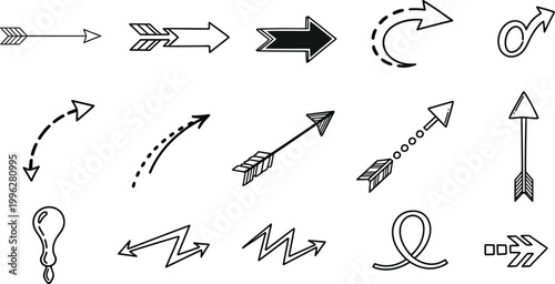 Collection of hand drawn black and white arrows and directional symbols