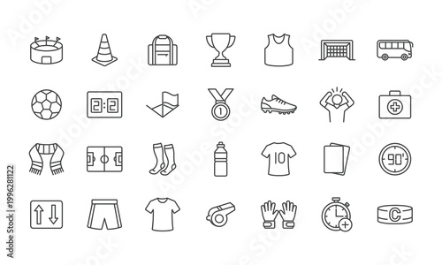 Minimalist Outline Various Soccer and Football Element Icon Symbol Set
