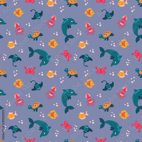 Childish underwater seamless background with marine life characters. Design for fabric, textile, wallpaper, packaging, for children.	
