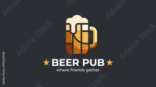 A bold logo featuring a beer mug topped with foam, encapsulating a fun atmosphere where friends gather to share moments over drinks in a casual pub setting.