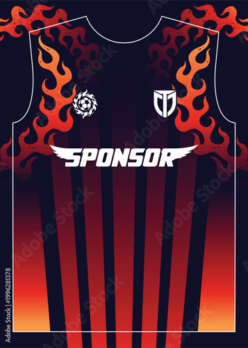 Abstract Soccer Jersey Design Template with Red Fire Flames and Vertical Stripes