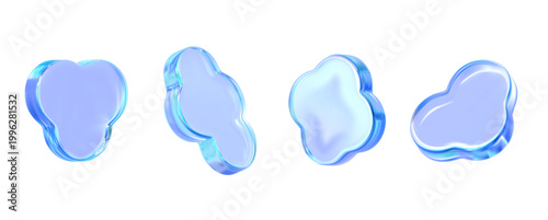 Modern abstract blue glass hearts and clouds – glossy 3D holographic y2k shapes set