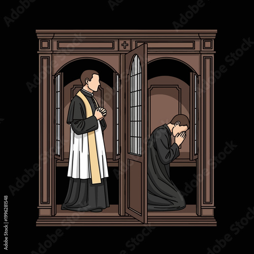 Priest and penitent in confessional booth praying and listening