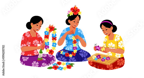 Three women making flower garlands, traditional craft