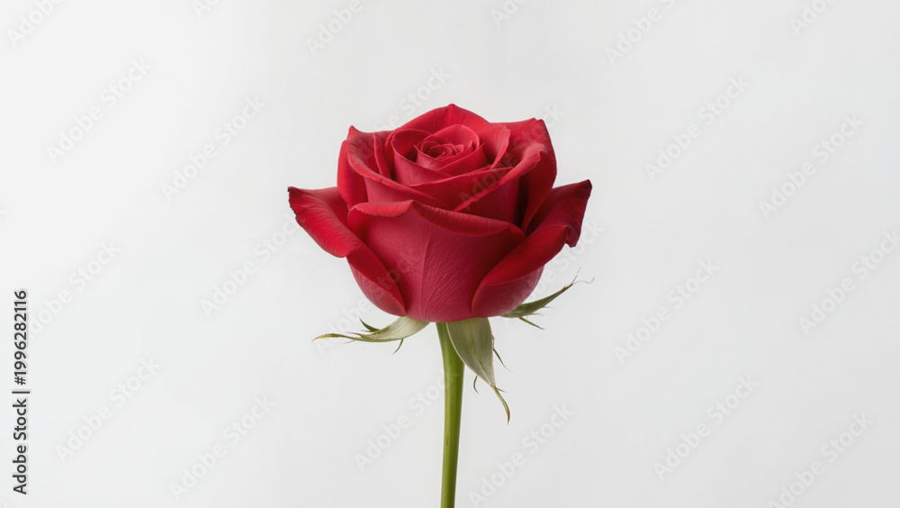 Fototapeta premium red rose on a white background, Vibrant red rose centered on white. Classic romantic crimson bloom in profile. Elegant botanical portrait of scarlet rose. Symbolic red petals with velvet texture.