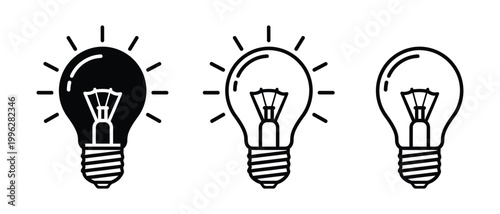 Three light bulbs a silhouette and two line art illustrations