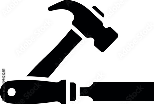 Hammer and wood chisel tools icon, carpentry and masonry equipment