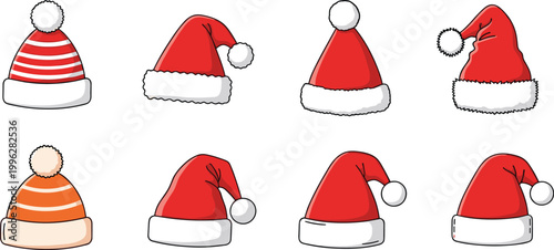 Cute Christmas Santa Claus Hat Collection Vector Set Illustration with Various Red Winter Bobble Hat Styles and Striped Beanie on White Background