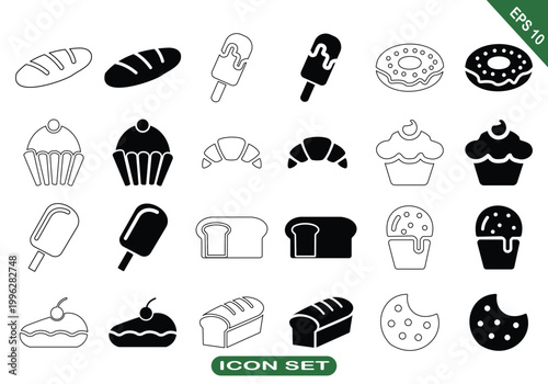 Bakery and Dessert Icon Collection Outline and Solid Vector Symbols