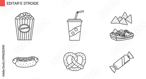 Collection of popular fast food and snack icons in line art style.