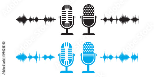 Microphone sound wave icon, digital audio recording device voice message podcast symbol speech mic transparent background vector set