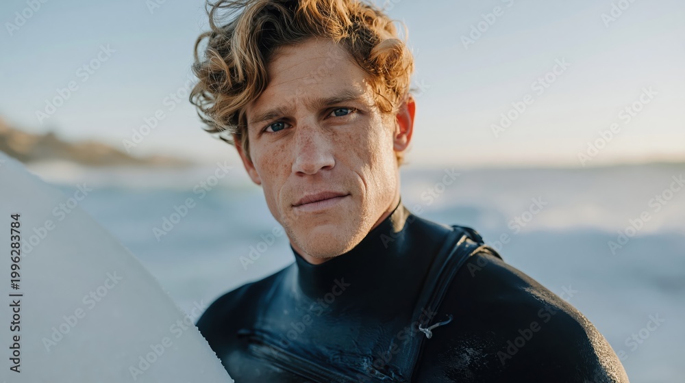 Fototapeta premium Close-up portrait of a surfer with blond hair and blue eyes wearing a wetsuit