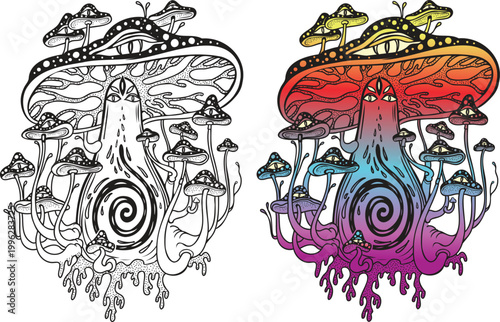 Psychedelic mushroom creature with surreal eyes and dripping form in vibrant fantasy illustration