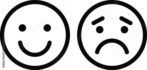Smiling and frowning face icons illustration, simple line art emotional expression design, happiness and sadness contrast concept, mood communication symbol