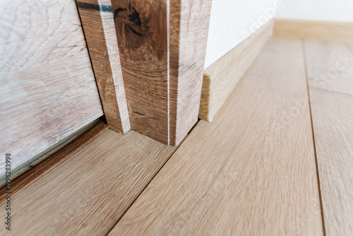 Konstfotografi Door Jamb And Oak Floor Junction Captured In Close Detail, Trim Alignment And Th