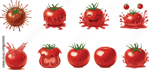 Tomato illustrations with different effects, including splashes, smiles, and juicy cuts, vector design