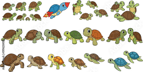 Cute turtle characters in different colors and poses with a bird companion, vector illustration