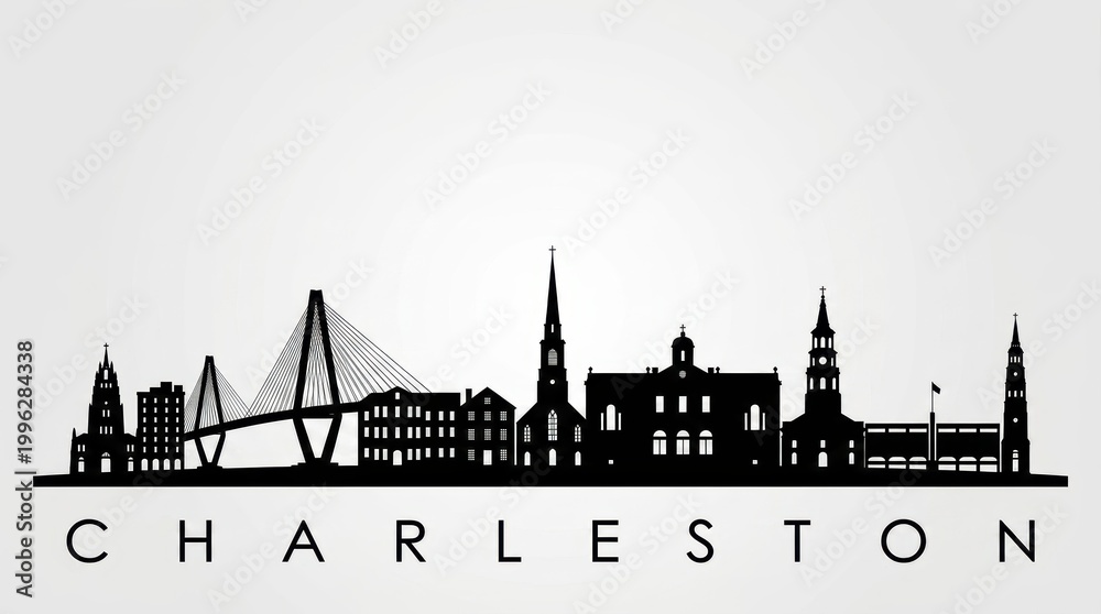 Naklejka premium A black-and-white vector illustration of the Charleston, USA skyline and landmark silhouettes, presented in a clean, stylized design.