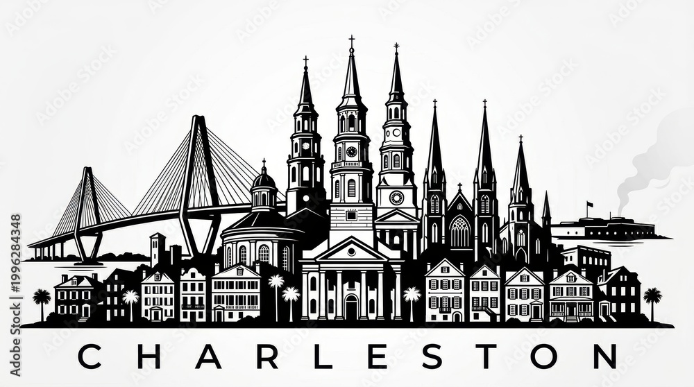 Obraz premium A black-and-white vector illustration of the Charleston, USA skyline and landmark silhouettes, presented in a clean, stylized design.