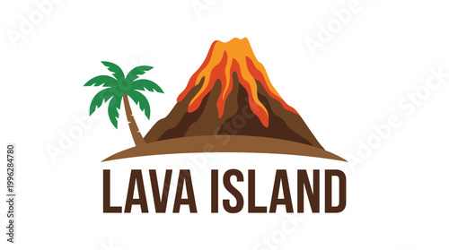This logo portrays a vibrant island with a volcano and palm tree, symbolizing adventure and exotic locations, ideal for a brand named LAVA ISLAND.