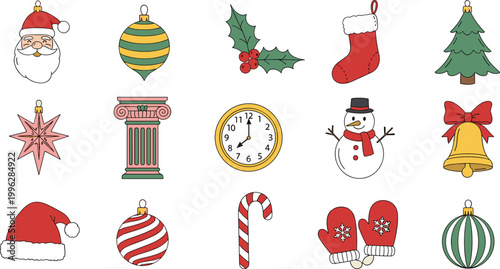 Retro Christmas Element Set Vector Illustration with Santa, Ornament Ball, Holly, Stocking, Tree, Snowman, Clock, Bell, Mitten and Candy Cane in Vintage Style