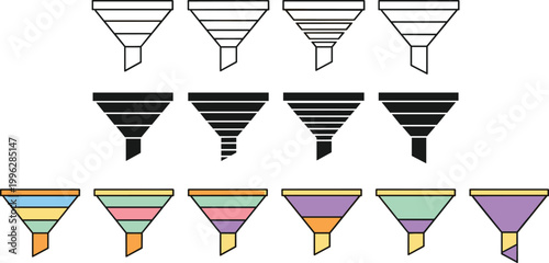 Business funnel chart vector set with outline, black silhouette and colorful layered sales marketing pipeline infographic diagram shape design collection
