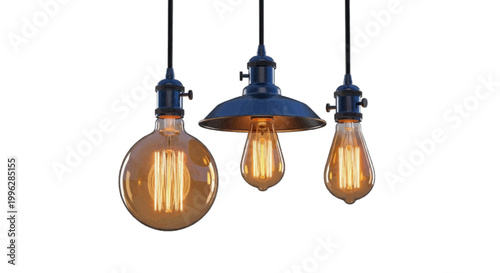 Vector illustration of vintage edison light bulbs with industrial pendant fixtures on a transparent background