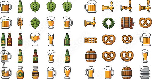 Beer-themed vector icons featuring mugs, bottles, hops, kegs, pretzels, and more