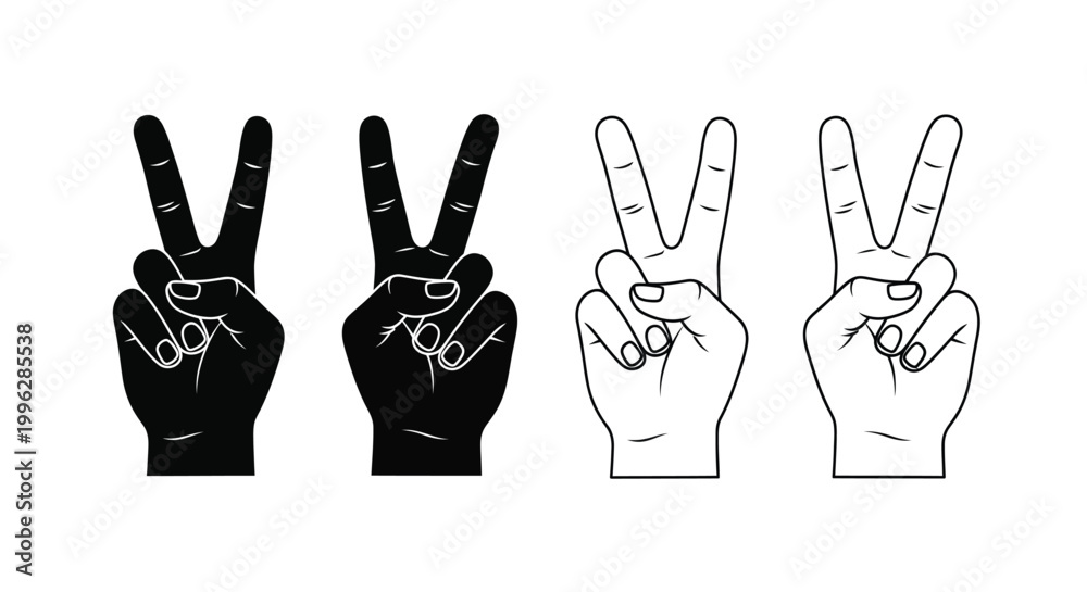 Fototapeta premium Four hands displaying peace signs a striking black silhouette