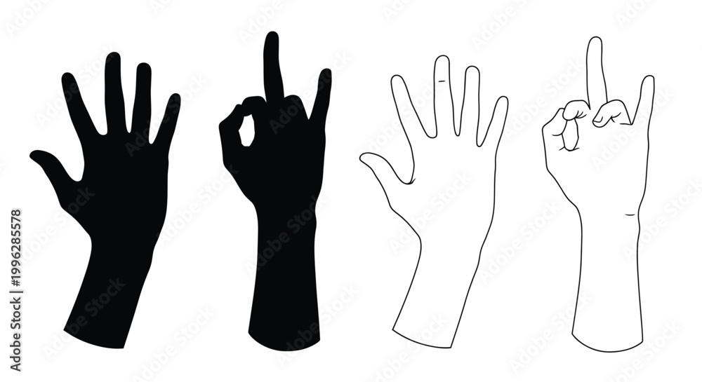 Fototapeta premium Hands displaying gestures positive and negative black and white silhouette