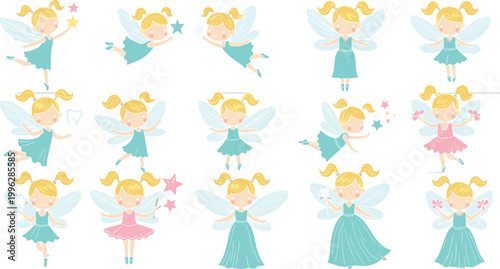 Cute fairy characters with wings in various poses and outfits, vector illustration