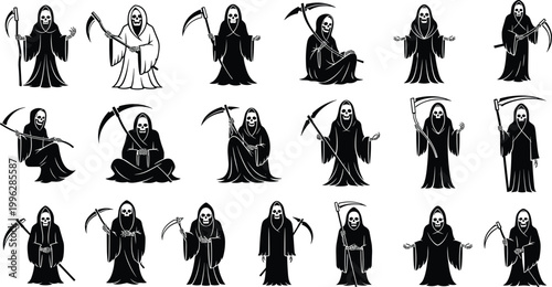 Bild auf Leinwand Grim Reaper character illustrations in various poses with scythe, black and whit