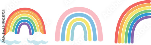 Colorful Rainbow Icon Set with Cloud and Minimal Arc Shapes in Flat Style for Weather, Kids Design, Stickers, and Modern Graphic Use